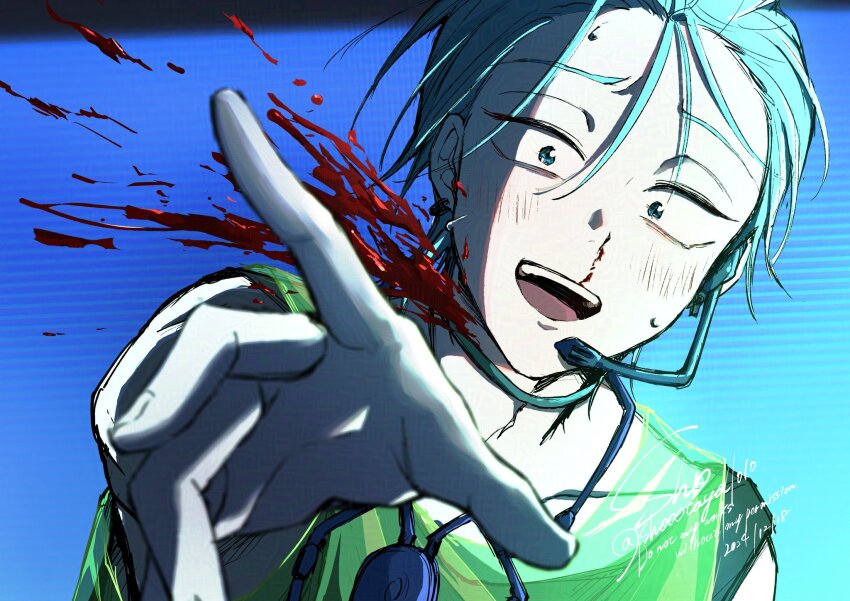 1boy, alien_stage, blood, blood_from_neck, blood_spray, blue_background, choker, commentary_request