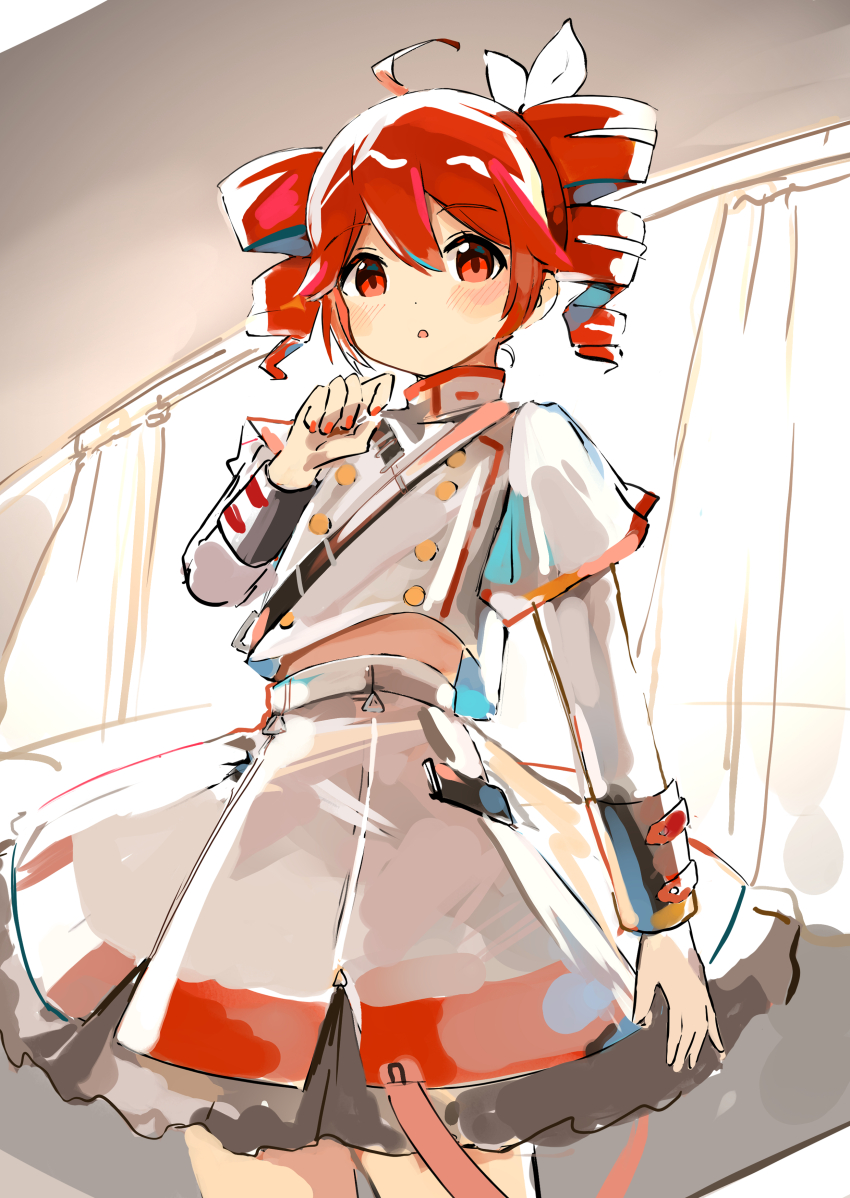 1girl, absurdres, ahoge, belt, black_belt, blush, bow, buttons