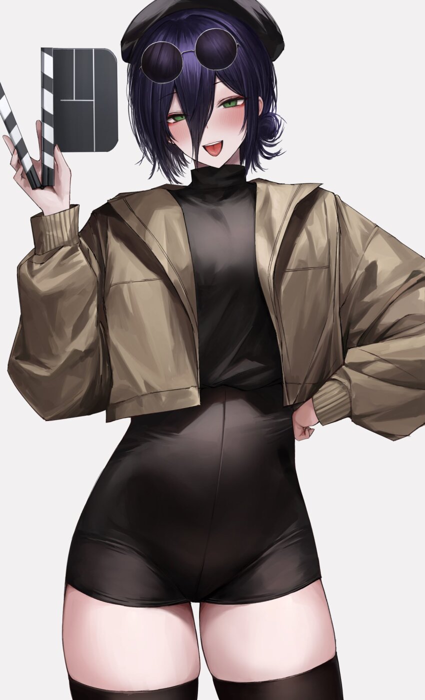 black_thighhighs, clapperboard, copyright_request, deyo_(nicijyou), eyewear_on_head, green_eyes, half-jacket, highres