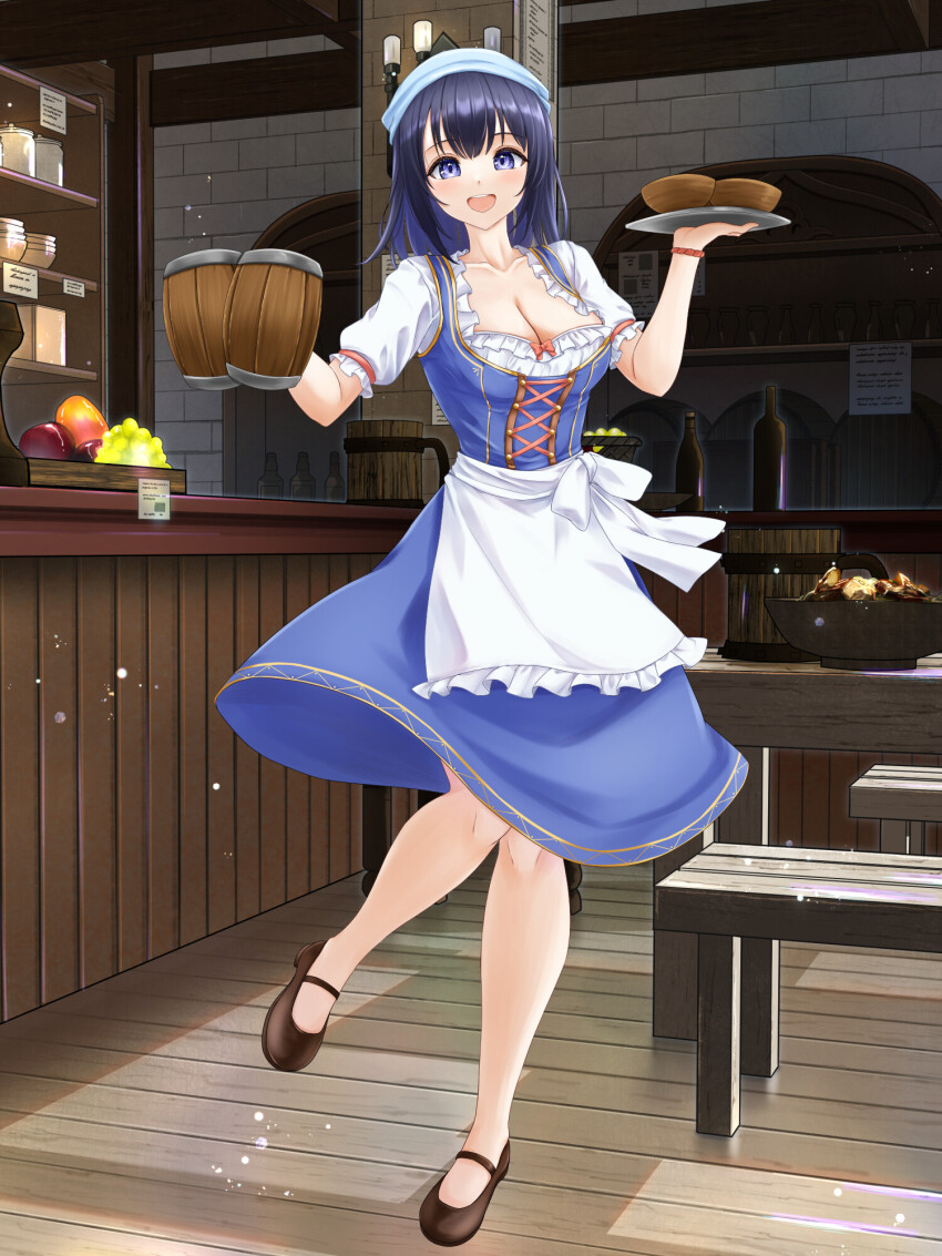 1girl, :d, apron, beer_mug, black_hair, blue_dress, blue_eyes, blue_hat