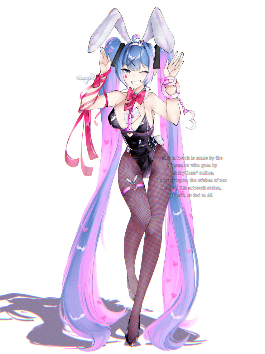 1girl, absurdres, blue_eyes, blue_hair, blush, breasts, card, clothing_cutout, cuffs, facial_mark, full_body, hair_ornament, handcuffs, hatsune_miku, heart_cutout, highres, long_hair, looking_at_viewer, pantyhose, playboy_bunny, playing_card, rabbit_hole_(vocaloid), skellychan, smile, solo, teardrop_facial_mark, twintails, vocaloid, white_background, x_hair_ornament