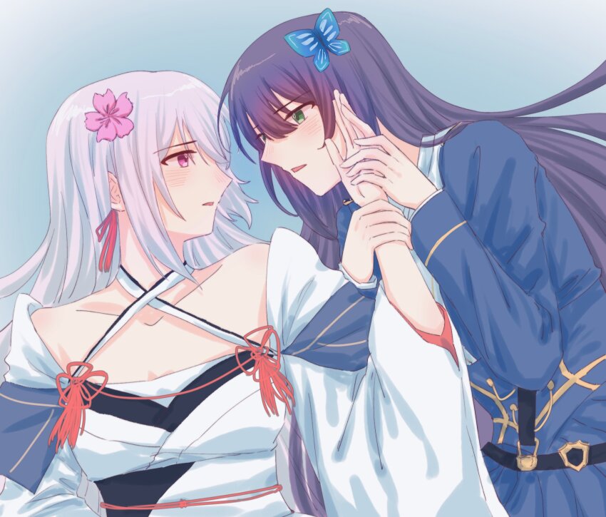 2girls, assault_lily, bare_shoulders, belt, bing_bushi_ganmao_ling_z, black_belt, blue_background, blue_jacket, blush, breasts, butterfly_hair_ornament, chinese_commentary, collarbone, commentary_request, criss-cross_halter, epaulettes, eye_contact, flower, funada_kiito, funada_ui, gradient_background, green_eyes, grey_hair, hair_between_eyes, hair_flower, hair_ornament, halterneck, hand_on_another's_cheek, hand_on_another's_face, hand_on_another's_hand, hand_on_another's_wrist, hands_up, highres, jacket, japanese_clothes, kimono, long_hair, long_sleeves, looking_at_another, looking_to_the_side, medium_breasts, multiple_girls, nose_blush, obi, obijime, parted_lips, pink_eyes, pink_flower, profile, purple_hair, sash, siblings, sisters, tassel, tassel_hair_ornament, upper_body, white_kimono, wide_sleeves