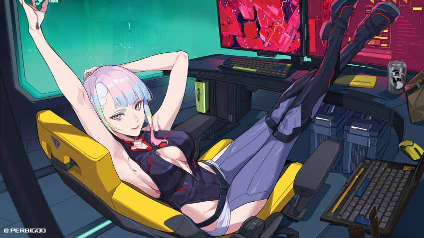 1girl, absurdres, armpits, arms_up, artist_name, asymmetrical_sidelocks, bigroll, black_leotard