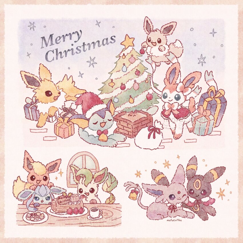bag, bell, blue_eyes, bright_pupils, brown_eyes, cake, check_commentary, christmas, christmas_ornaments, christmas_tree, closed_eyes, coffee_mug, commentary_request, cookie, cup, eevee, espeon, fins, flareon, food, forked_tail, gen_1_pokemon, gen_2_pokemon, gen_4_pokemon, gen_6_pokemon, gift, glaceon, hat, highres, holding, jolteon, leafeon, lying, merry_christmas, mofucoffee, mug, nintendo, no_humans, plate, pokemon, pokemon_(creature), red_eyes, santa_hat, smile, star_(symbol), sylveon, tail, umbreon, vaporeon, white_pupils