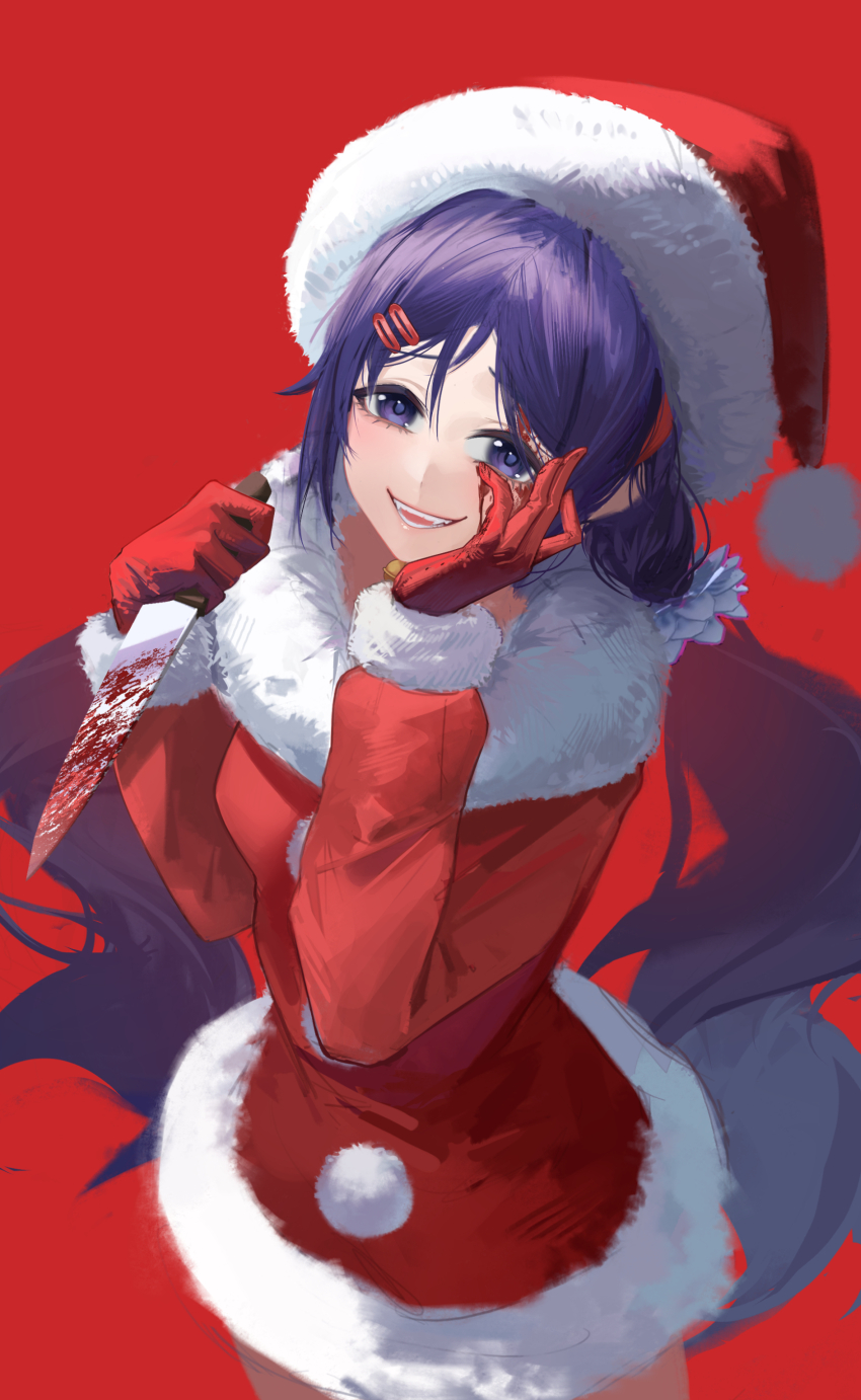 1girl, absurdres, blood, blood_on_face, bloody_knife, commentary, crazy_mita_(miside), crazy_smile