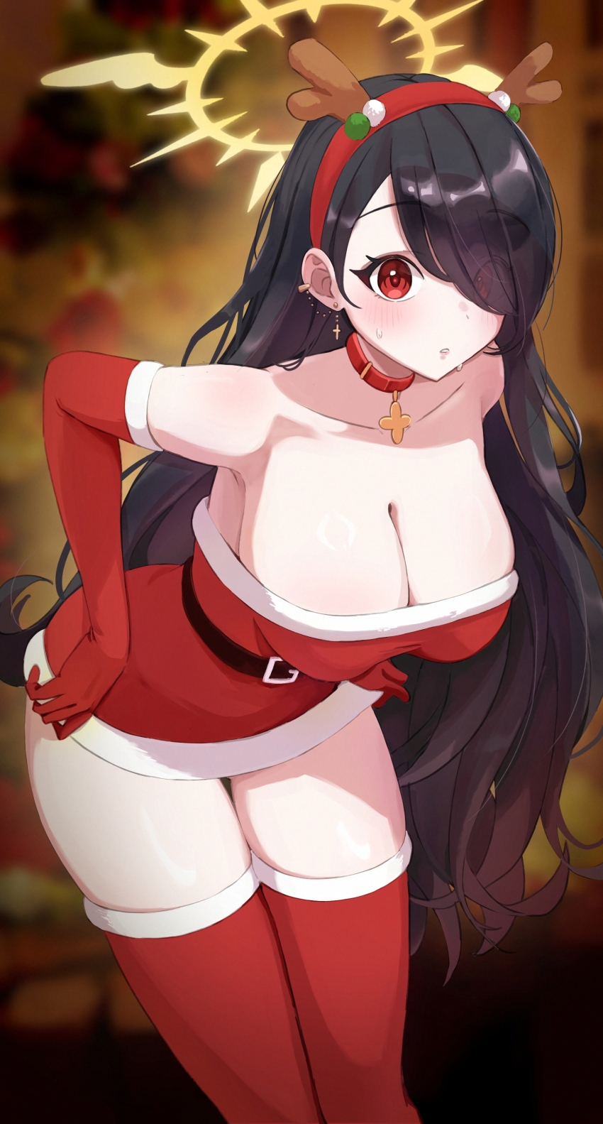 1girl, absurdres, bent_over, black_hair, blue_archive, breasts, christmas, cleavage