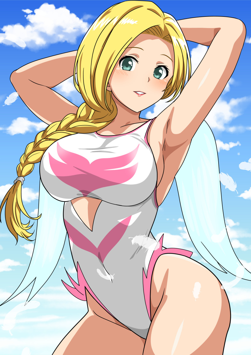 1girl, absurdres, angel_leotard, arm_behind_head, bianca_(dq5), blonde_hair, blue_eyes, blue_sky