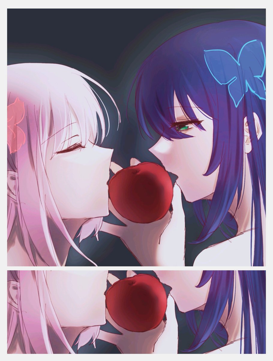 2girls, apple, assault_lily, bing_bushi_ganmao_ling_z, black_background, border, butterfly_hair_ornament, chinese_commentary