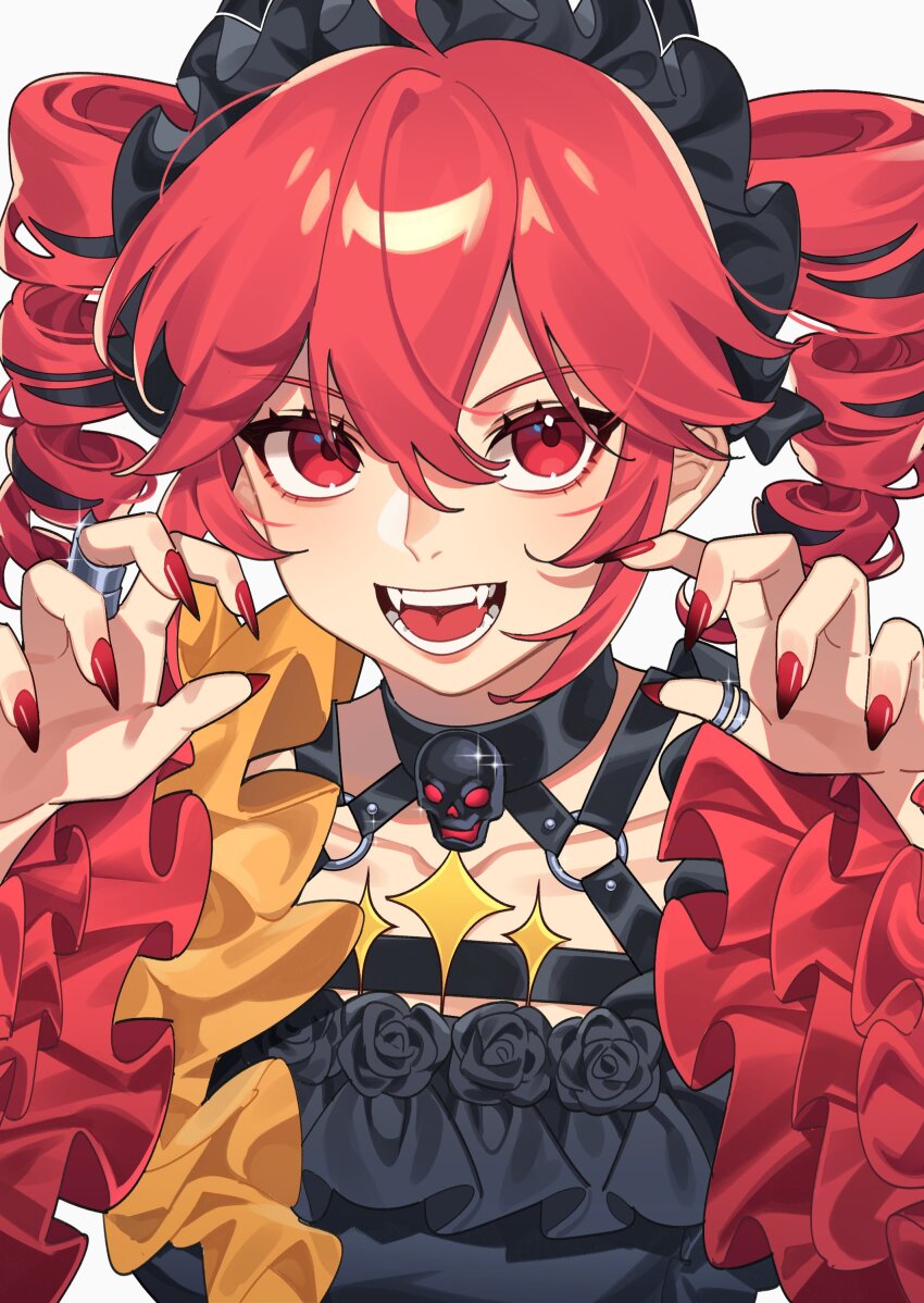 1girl, absurdres, black_dress, black_hairband, dress, drill_hair, fangs, fingernails