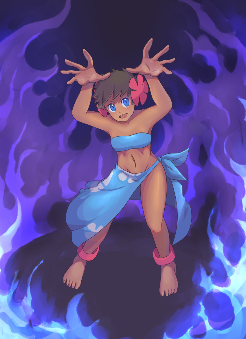 1girl, absurdres, anklet, barefoot, blue_eyes, blue_fire, blue_skirt, bra, breasts, brown_hair, dark-skinned_female, dark_skin, fire, flower, highres, jewelry, looking_at_viewer, nintendo, nkmorker, phoebe_(pokemon), pokemon, pokemon_ruby/sapphire/emerald, short_hair, skirt, small_breasts, smile, solo, underwear
