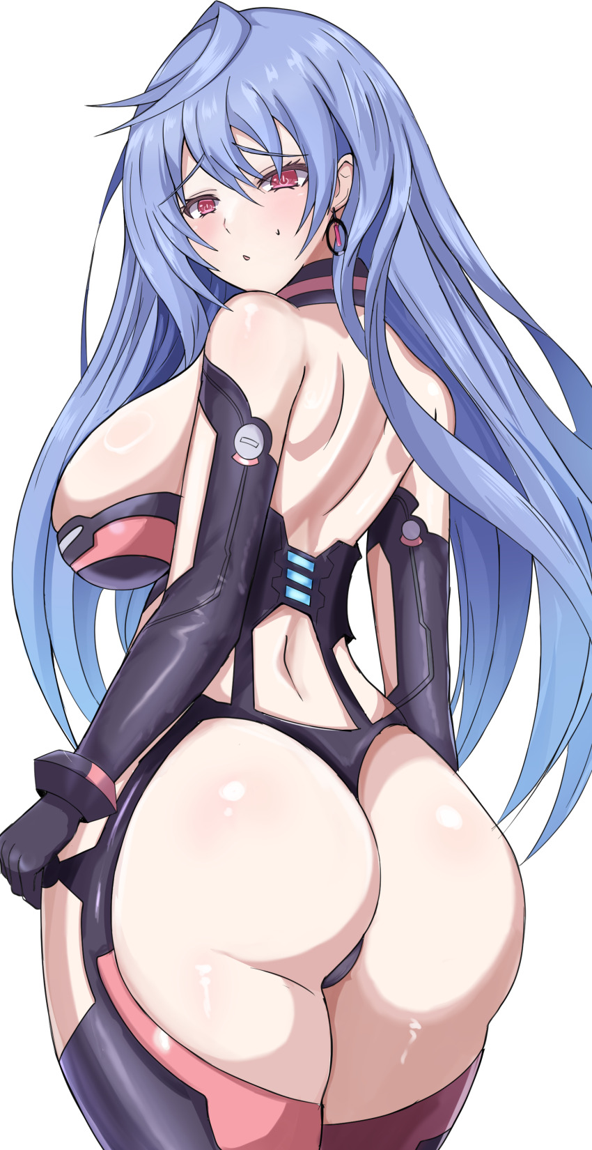 1girl, absurdres, ass, ass_focus, bare_shoulders, blue_hair, blush, breasts, choujigen_game_neptune, compile_heart, elbow_gloves, from_behind, gloves, highres, huge_ass, idea_factory, iris_heart_(neptunia), kami_jigen_game_neptune_v, large_breasts, long_hair, looking_at_viewer, mature_female, neptune_(series), open_mouth, parted_lips, red_eyes, sideboob, solo, stiris_rangetsu, thick_thighs, thighhighs, thighs, thong, very_long_hair