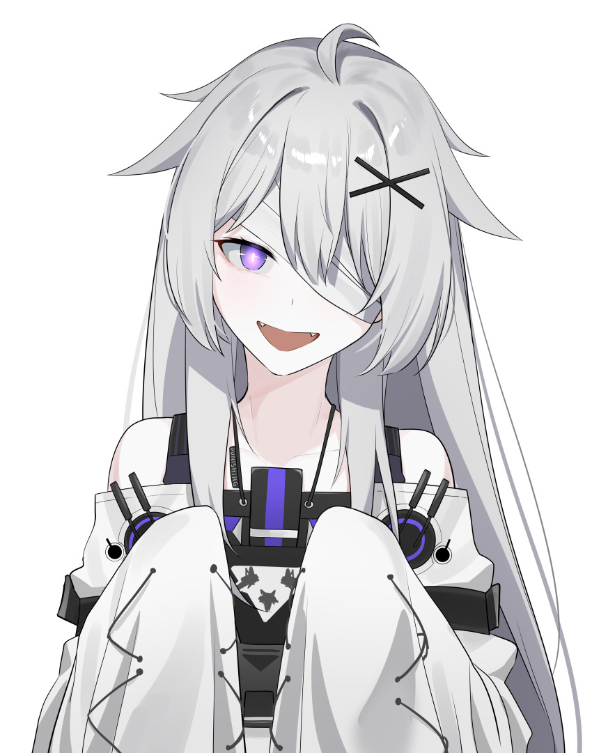 1girl, absurdres, aurilia_(user_8748), bandage_over_one_eye, evil_smile, fang, glowing, glowing_eye, grey_hair, hair_between_eyes, hair_intakes, hair_ornament, hair_over_shoulder, highres, long_hair, looking_at_viewer, no._21:_xxi_(pgr), no._21_(pgr), open_mouth, punishing:_gray_raven, purple_eyes, sidelocks, sleeves_past_fingers, sleeves_past_wrists, smile, solo, unkempt, white_background, x_hair_ornament
