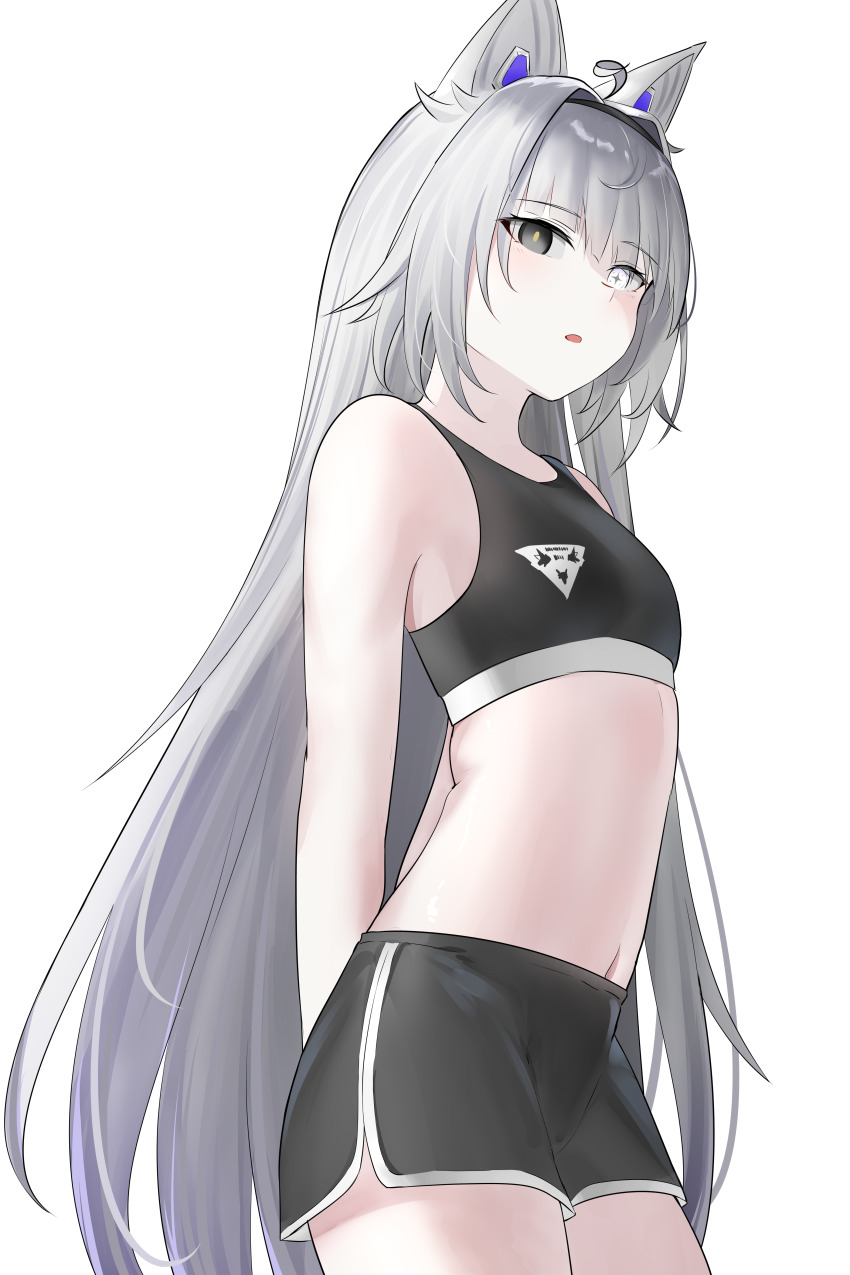 1girl, absurdres, ahoge, animal_ears, aurilia_(user_8748), black_hairband, black_shorts, cross-shaped_pupils, grey_eyes, grey_hair, hair_intakes, hairband, heterochromia, highres, long_hair, mechanical_ears, mismatched_pupils, navel, no._21:_feral_(pgr), no._21_(pgr), punishing:_gray_raven, shorts, sidelocks, solo, symbol-shaped_pupils, tank_top, very_long_hair, white_eyes, wolf_ears