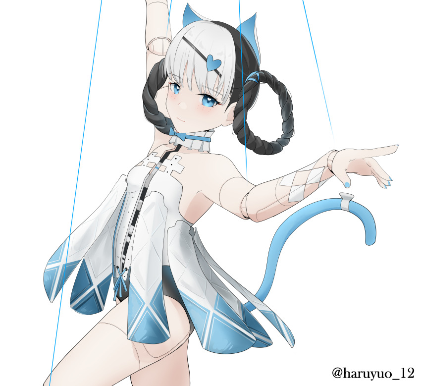 1girl, absurdres, animal_ears, aurilia_(user_8748), bambinata:_vitrum_(pgr), bambinata_(pgr), black_hair, blue_tail, braid, braided_hair_rings, cat_ears, cat_tail, choker, doll_joints, fake_animal_ears, hair_ornament, hair_rings, heart, heart-shaped_pupils, heart_hair_ornament, highres, joints, mechabare, multicolored_hair, punishing:_gray_raven, puppet_strings, solo, symbol-shaped_pupils, tail, twitter_username, two-tone_hair, white_background, white_choker, white_hair