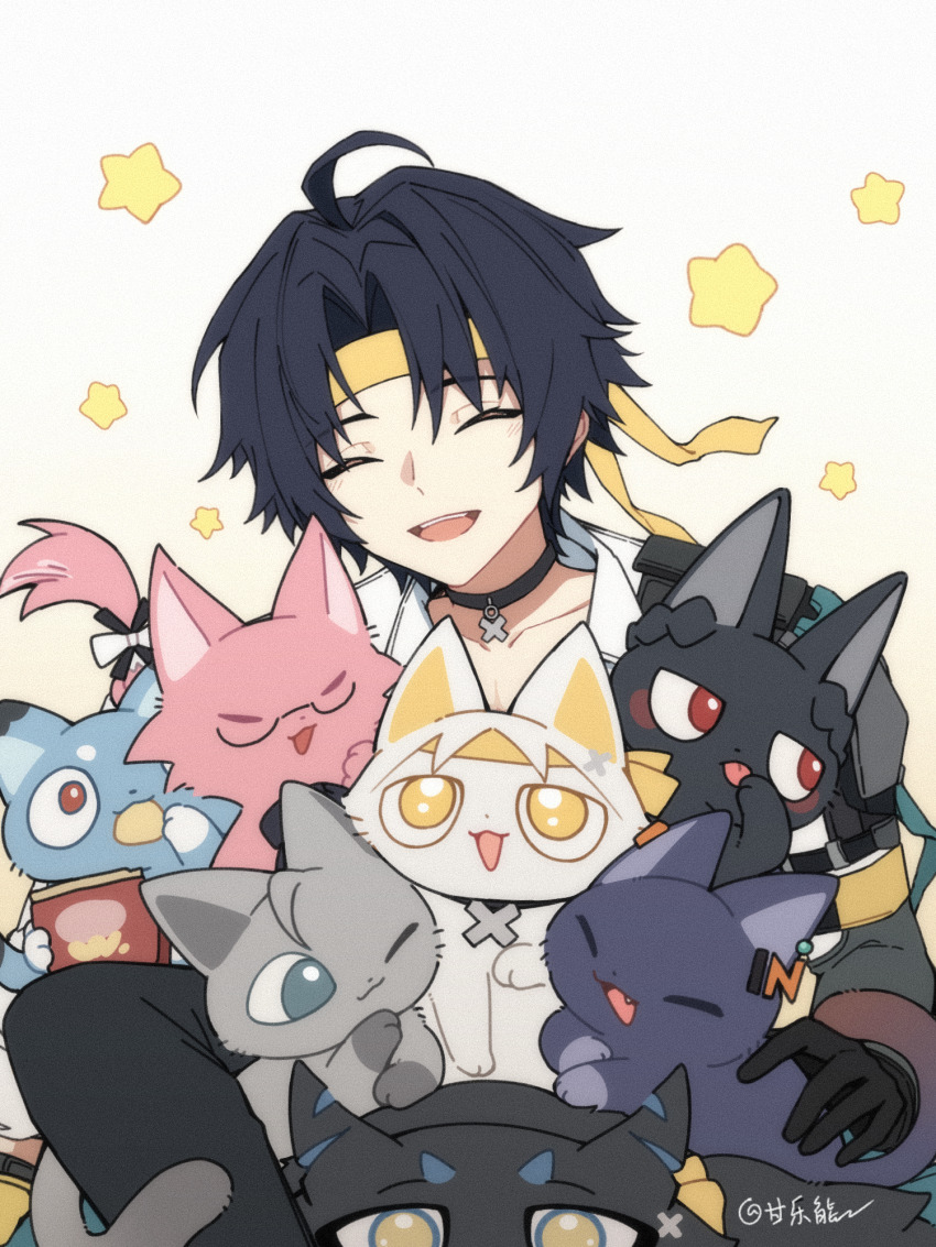 1boy, ahoge, animal, artist_name, asaba_harumasa, asaba_harumasa_(cat), belle_(zenless_zone_zero), black_cat