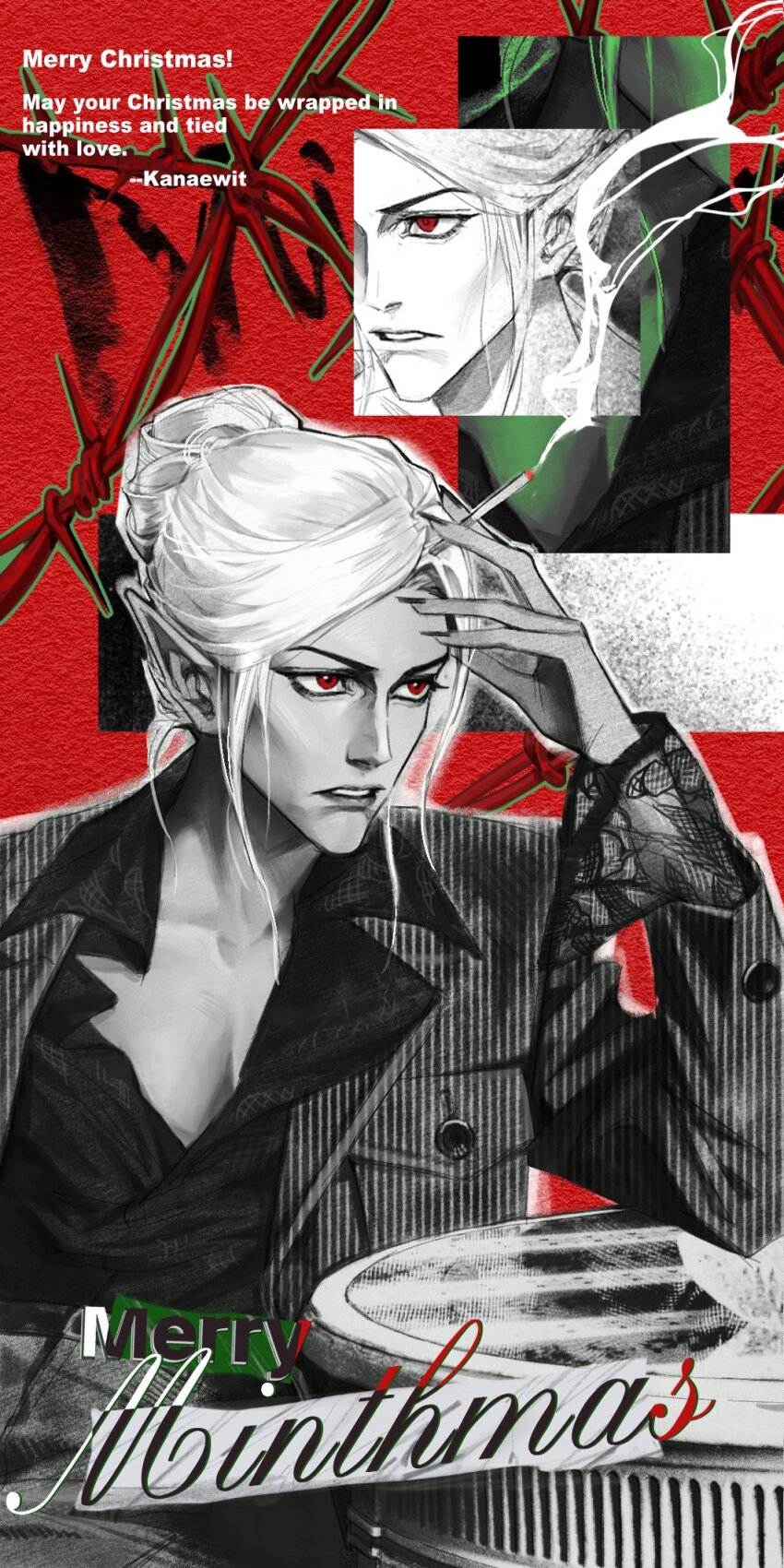 1girl, alternate_costume, baldur's_gate, baldur's_gate_3, cigarette, collarbone, contemporary, dark_elf