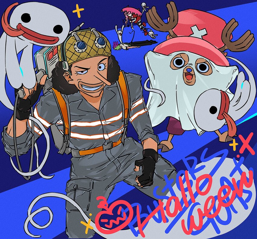 1girl, 3boys, antlers, bad_id, bad_twitter_id, black_gloves, black_hair, cross