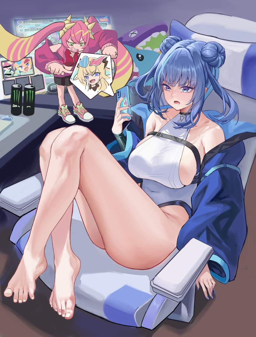 3girls, absurdres, bare_shoulders, barefoot, bike_shorts, blonde_hair, blue_eyes, blue_hair