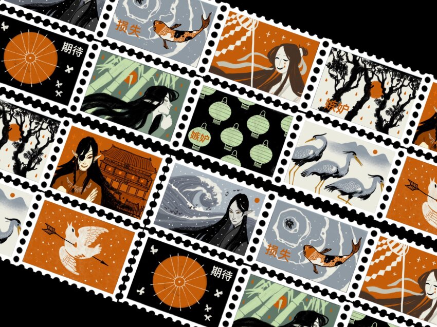 4boys, animal, architecture, arrow_through_heart, bai_wuxiang, bamboo, bird, black_background