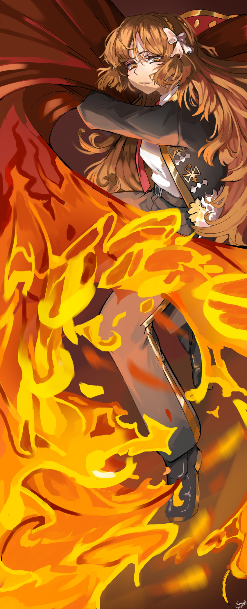 1girl, absurdres, black_footwear, black_jacket, black_pants, bow, capote_(e.g.o), collared_shirt