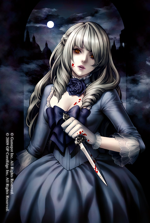 1girl, alteil, black_flower, black_rose, blood, blood_on_face, blue_flower, blue_rose