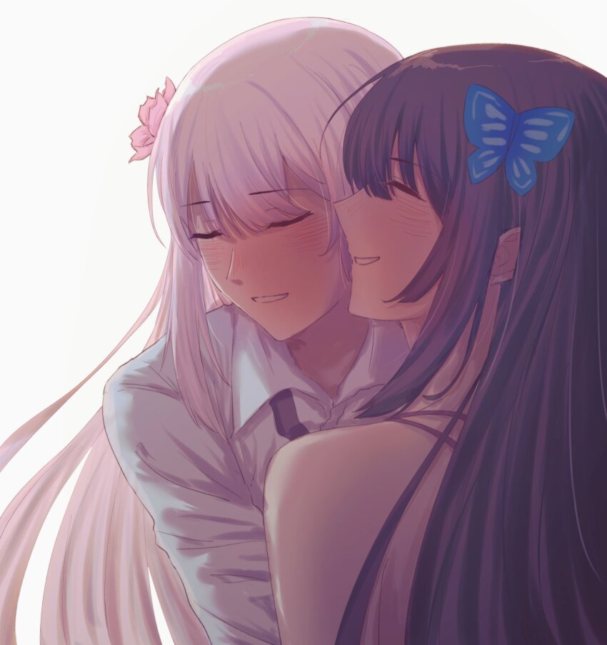 2girls, ^_^, arm_at_side, assault_lily, bare_shoulders, bing_bushi_ganmao_ling_z, black_necktie, blush