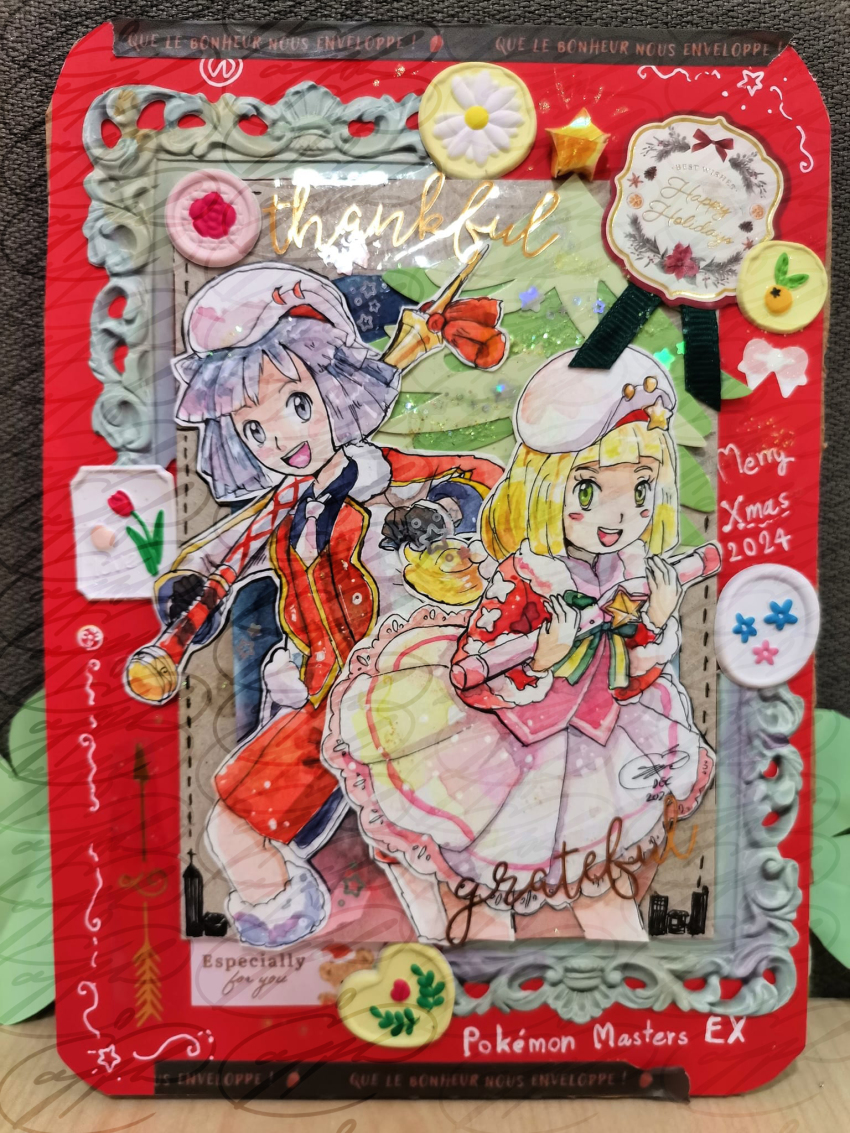 1boy, 1girl, 2024, appleko, blonde_hair, bugsy_(holiday_2024)_(pokemon), bugsy_(pokemon), christmas