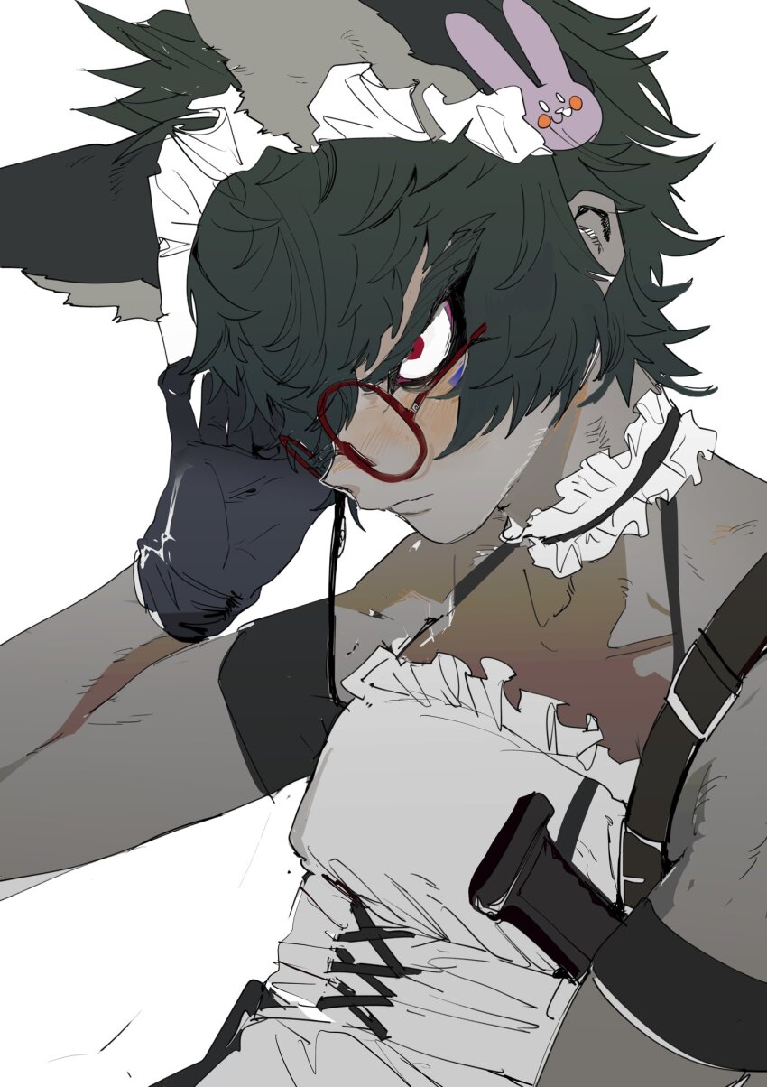 1boy, animal_ears, black_gloves, closed_mouth, collar, crossdressing, crossdressing_(mtf), dress