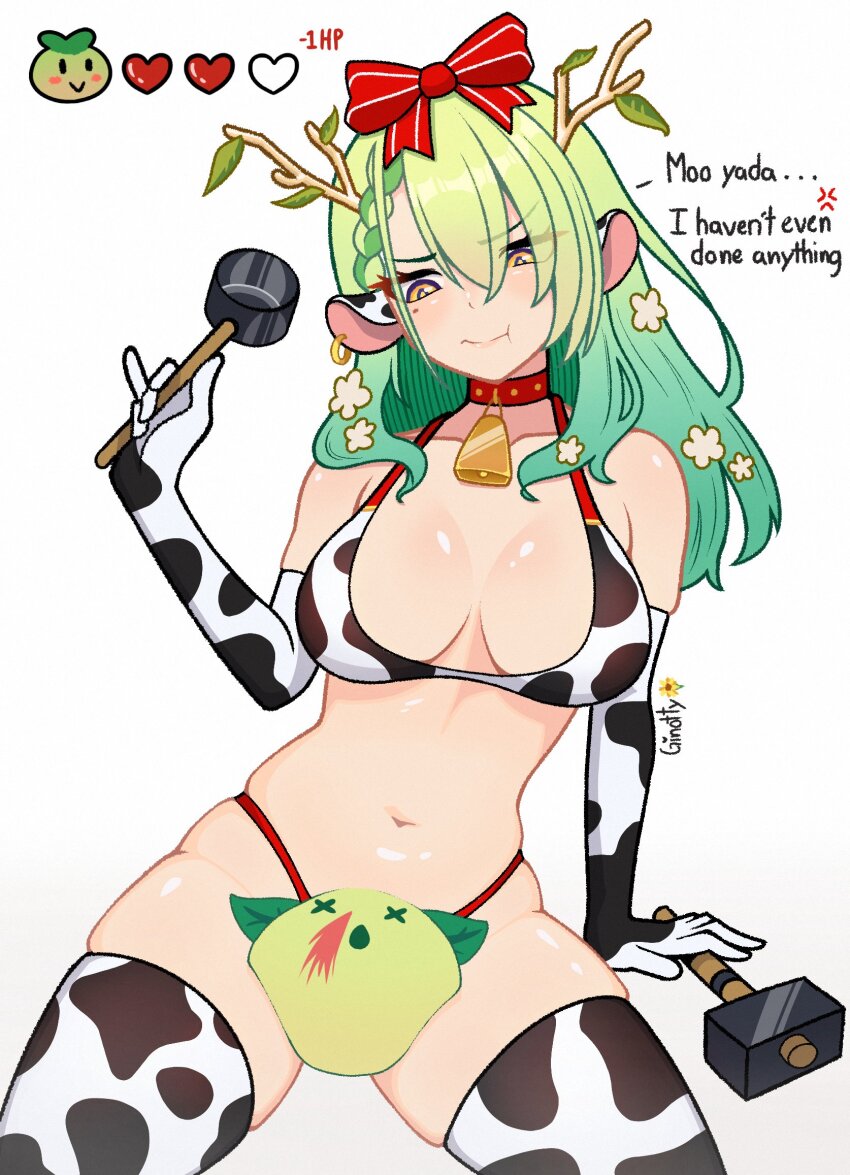 1girl, animal_ears, animal_print, bell, between_legs, bikini, braid, breasts