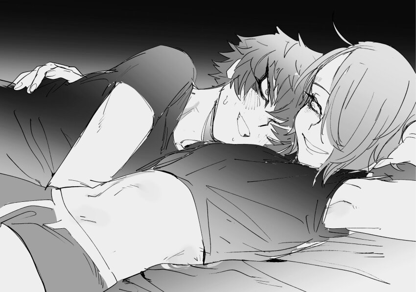 2boys, blush, hair_over_one_eye, head_on_hand, highres, looking_at_another, lying, lying_on_person