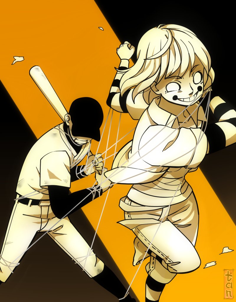 1boy, 1girl, arms_up, bandaged_chest, bandages, baseball_bat, baseball_cap, baseball_jersey