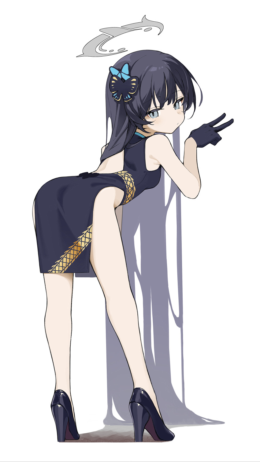 1girl, absurdly_long_hair, absurdres, alternate_hairstyle, black_dress, black_gloves, black_hair, blue_archive, breasts, butterfly_hair_ornament, china_dress, chinese_clothes, commentary, dragon_print, dress, gloves, grey_eyes, grey_halo, hair_down, hair_ornament, halo, high_heels, highres, kisaki_(blue_archive), leaning_forward, loah_66, loli, long_hair, looking_at_viewer, looking_back, pelvic_curtain, print_dress, simple_background, sleeveless, sleeveless_dress, small_breasts, solo, v, very_long_hair, white_background