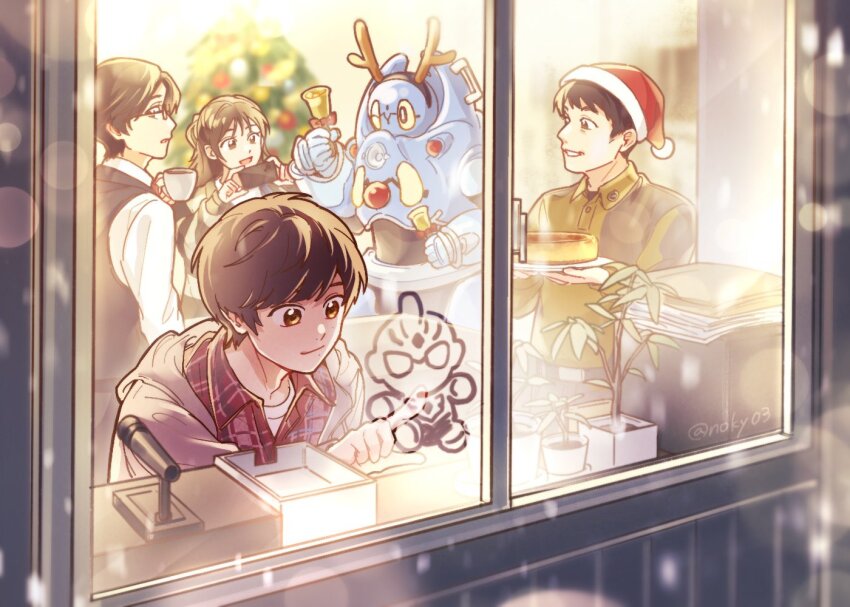 1girl, 1other, 3boys, antlers, ban_hiroshi, bell, black_vest, brown_eyes, brown_hair, christmas, christmas_ornaments, christmas_tree, coffee, collared_shirt, condensation, cup, fake_horns, food, from_outside, glasses, green_shirt, grey_jacket, handbell, hat, hize_yuuma, holding, holding_bell, holding_cup, horns, ishidou_shuu, jacket, long_hair, m78_fuwafuwa, microphone, multiple_boys, natsume_rin_(ultraman_arc), noky03, one_eye_closed, paper_stack, plaid_clothes, plaid_shirt, plant, potted_plant, pudding, reindeer_antlers, santa_hat, shirt, snowing, twitter_username, two-tone_shirt, ultra_series, ultraman_arc, ultraman_arc_(series), undershirt, vest, white_shirt, window, window_fog, wing_collar, youpi_(ultraman_arc)