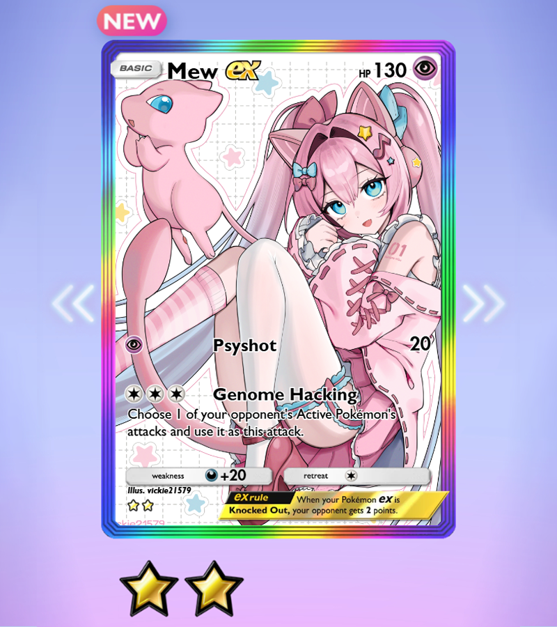 1girl, alternate_costume, alternate_hair_color, animal_ear_headphones, animal_ears, artist_name, asymmetrical_legwear, blue_eyes, bow, card_(medium), commentary, energy_(pokemon_tcg), english_commentary, fake_animal_ears, fortissimo, garter_straps, gen_1_pokemon, grid_background, hair_bow, hair_ornament, hatsune_miku, headphones, high_heels, jacket, kneehighs, legendary_pokemon, long_hair, long_sleeves, looking_at_viewer, mew_(pokemon), miniskirt, mismatched_legwear, musical_note, musical_note_hair_ornament, mythical_pokemon, nintendo, off_shoulder, open_mouth, pink_hair, pink_jacket, pink_skirt, pink_socks, pokemon, pokemon_(creature), pokemon_tcg, pokemon_tcg_pocket, rainbow_border, red_shoes, ribbon-trimmed_jacket, ribbon_trim, shoes, single_kneehigh, single_sock, single_thighhigh, skirt, socks, solo, star_(symbol), star_hair_ornament, striped_clothes, striped_socks, tail, thighhighs, twintails, uneven_legwear, very_long_hair, vickie_(cryingrobot), vocaloid, white_background, white_thighhighs