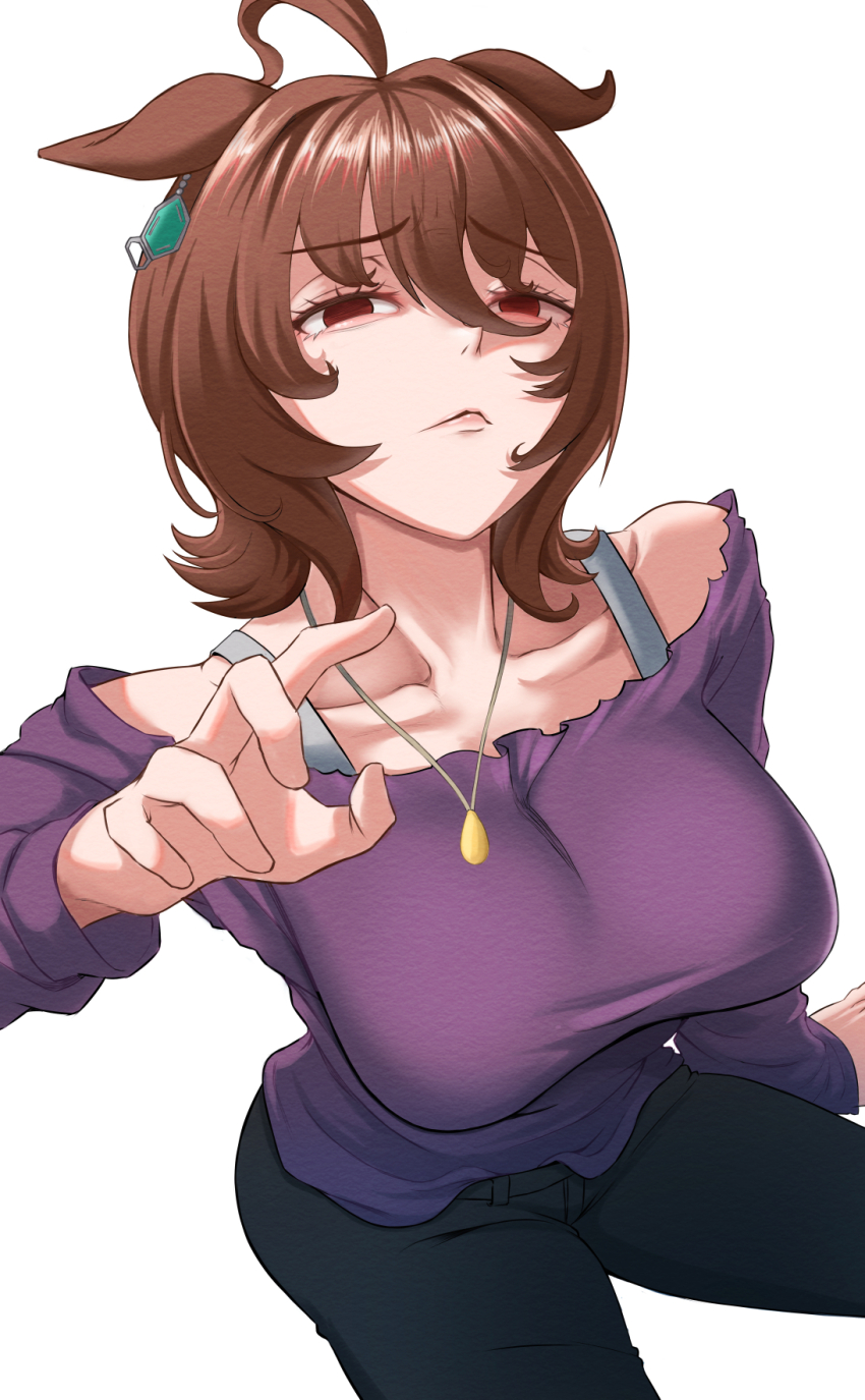 1girl, agnes_tachyon_(casual)_(umamusume), agnes_tachyon_(umamusume), animal_ears, bare_shoulders, black_pants, bra_strap, breasts