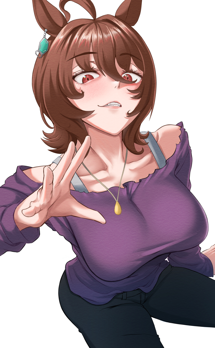 1girl, agnes_tachyon_(casual)_(umamusume), agnes_tachyon_(umamusume), animal_ears, bare_shoulders, black_pants, bra_strap, breasts