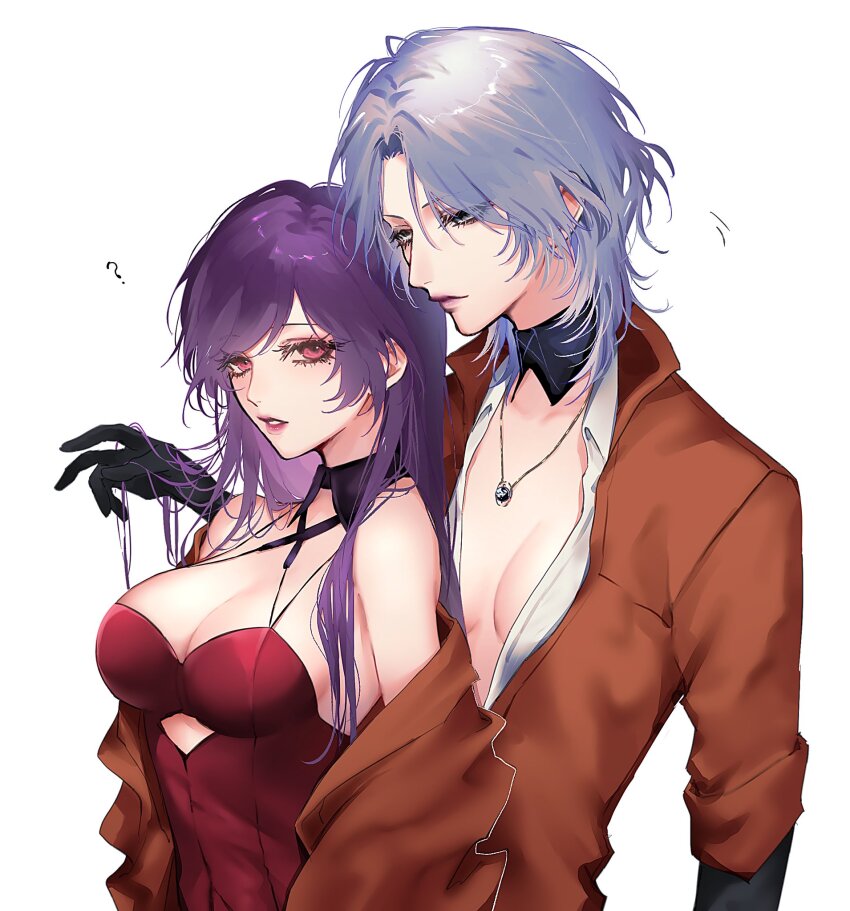 2girls, ?, bare_shoulders, black_gloves, breasts, brown_jacket, cleavage, clothing_cutout