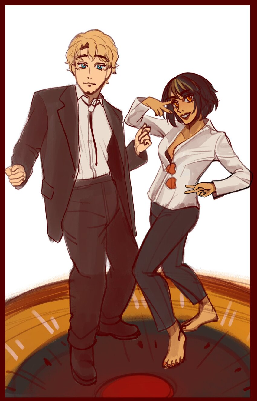 1boy, 1girl, :3, abyssparabellum, barefoot, black_footwear, black_jacket, black_pants, blonde_hair, blue_eyes, brown_hair, bruno_(vocaloid), clara_(vocaloid), closed_mouth, collarbone, collared_shirt, commentary, double_v, english_commentary, full_body, grin, heart, heart-shaped_eyewear, highres, jacket, lapels, multicolored_hair, notched_lapels, open_clothes, open_jacket, orange_eyes, pants, red-tinted_eyewear, shirt, smile, standing, standing_on_one_leg, streaked_hair, tan, teeth, tinted_eyewear, unworn_eyewear, v, vocaloid, white_background, white_shirt