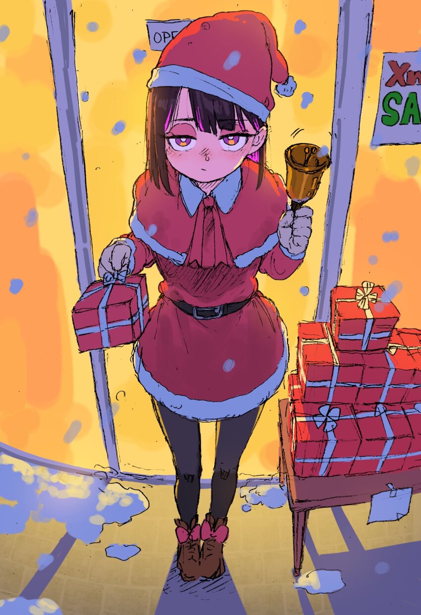 1girl, bell, belt, bow, box, bright_pupils, brown_footwear, capelet, christmas, commentary_request, dress, full_body, fur-trimmed_capelet, fur-trimmed_dress, fur-trimmed_headwear, fur_trim, gift, gift_box, handbell, hat, highres, holding, holding_bell, holding_gift, jitome, kyoutu, looking_at_viewer, nira-chan, nira-chan_(obenkyou_shitoiteyo)_(zutomayo), obenkyou_shitoiteyo, outdoors, red_bow, red_capelet, santa_costume, santa_hat, shadow, short_hair, snow, snowing, solo, white_pupils, zutto_mayonaka_de_ii_no_ni