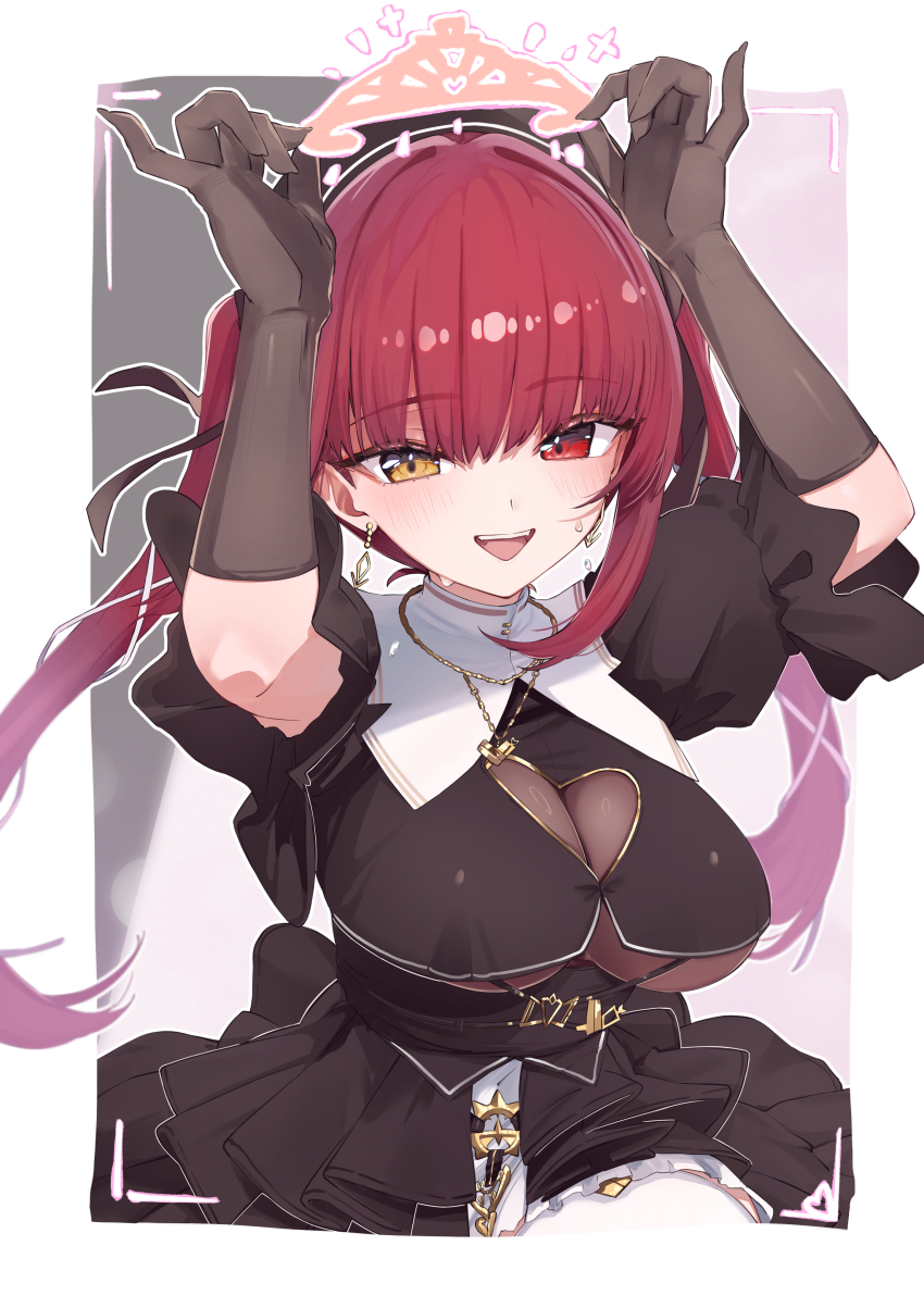 :d, absurdres, arms_up, black_dress, black_gloves, border, breasts, clothing_cutout, commentary_request, drawn_crown, dress, earrings, frilled_dress, frills, gloves, guimpe, hair_ribbon, heart_cutout, heterochromia, highres, holding, hololive, houshou_marine, houshou_marine_(ahoy!!_you're_all_pirates), jewelry, large_breasts, long_hair, looking_at_viewer, necklace, official_alternate_costume, open_mouth, puffy_short_sleeves, puffy_sleeves, red_eyes, red_hair, ribbon, short_dress, short_sleeves, smile, teeth, twintails, underboob_cutout, upper_teeth_only, virtual_youtuber, white_border, yellow_eyes, yuzuyukiha