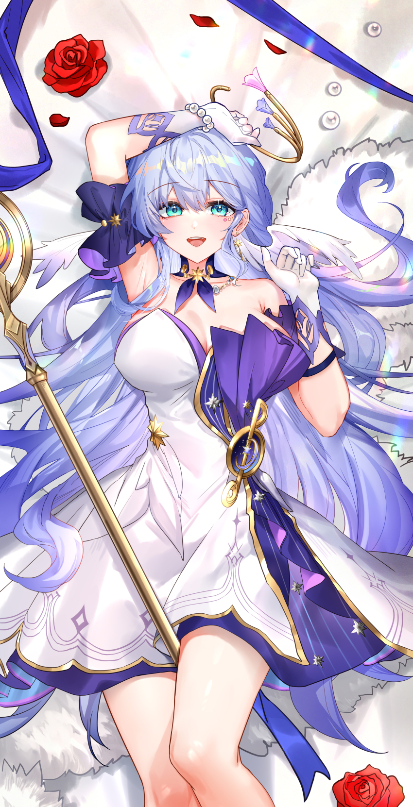 1girl, absurdres, aqua_eyes, arms_up, bare_shoulders, blue_hair, blush, bracelet