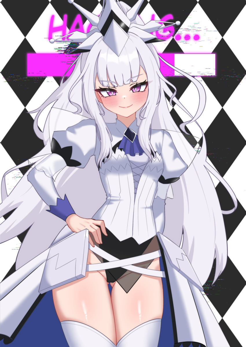 1girl, blush, breasts, bright_pupils, center-flap_bangs, checkered_background, closed_mouth, commentary, commentary_request, contrapposto, cowboy_shot, cross-laced_clothes, cross-laced_dress, crown, dress, english_commentary, english_text, gluteal_fold, hand_on_own_hip, highleg, highleg_dress, highres, hypnosis, korean_commentary, long_hair, long_sidelocks, looking_at_viewer, maliss_<q>_white_binder, mind_control, mixed-language_commentary, oldsickkim, pink_eyes, progress_bar, sidelocks, small_breasts, smile, solo, standing, thigh_gap, thighhighs, very_long_hair, white_crown, white_dress, white_hair, white_pupils, white_thighhighs, yu-gi-oh!