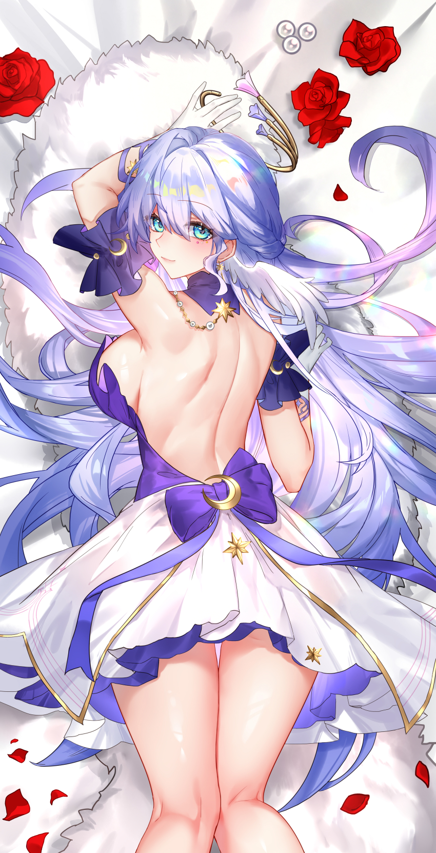 1girl, absurdres, aqua_eyes, arms_up, back, back_bow, bare_back, bare_shoulders, blue_hair, blush, bow, breasts, choker, closed_mouth, crescent, crescent_ornament, dakimakura_(medium), detached_sleeves, dress, earrings, feathered_wings, feet_out_of_frame, flower, from_behind, gem, gloves, hair_between_eyes, halo, head_wings, highres, honkai:_star_rail, honkai_(series), jewel_under_eye, jewelry, large_breasts, liuniang, long_hair, looking_at_viewer, looking_back, looking_up, lying, on_stomach, pearl_(gemstone), petals, purple_bow, purple_choker, purple_dress, red_flower, red_rose, robin_(honkai:_star_rail), rose, short_sleeves, single_earring, sleeveless, sleeveless_dress, smile, solo, star_(symbol), star_earrings, star_ornament, two-tone_dress, white_dress, white_gloves, wings