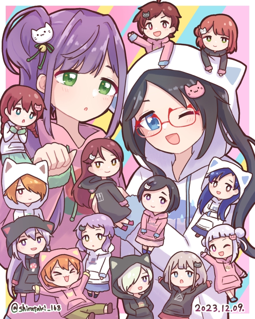 >_<, 1boy, 6+girls, :3, :d, ;d, ahoge, animal_hood