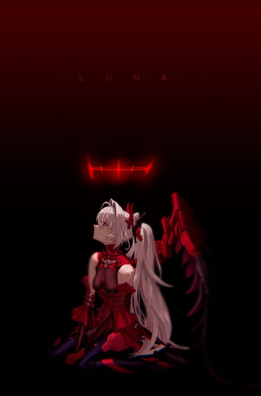 1girl, black_background, bodysuit, breasts, character_name, detached_sleeves, elbow_gloves, full_body, gloves, gradient_background, grey_hair, hair_intakes, halo, headgear, highres, kyuz787297571, long_hair, luna:_oblivion_(pgr), luna_(pgr), mechanical_legs, mechanical_wings, punishing:_gray_raven, red_halo, see-through_bodysuit, see-through_clothes, short_sleeves, sidelocks, simple_background, single_wing, small_breasts, solo, twintails, very_long_hair, wings