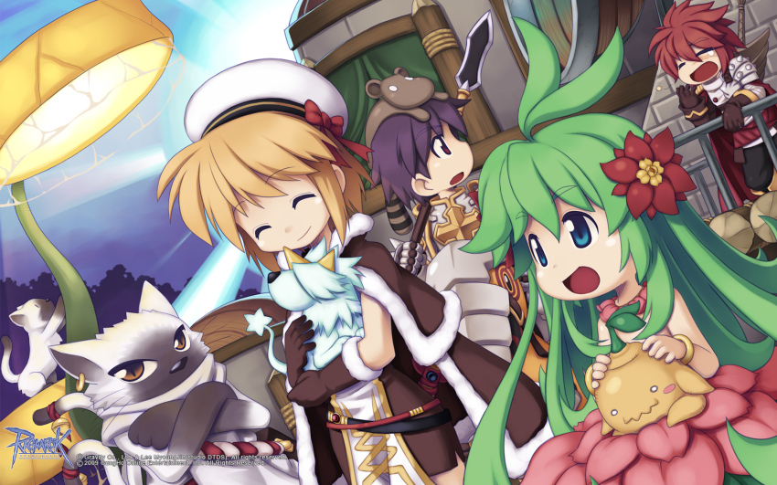 2girls, 3boys, alraune, armor, black_pants, blonde_hair, blue_eyes, blue_sky, blush, bow, breastplate, brown_cape, brown_dress, brown_eyes, brown_gloves, cape, cat, cat_boy, cat_hand_staff, clear_sky, closed_mouth, colorpoint_(pattern), copyright_notice, cowboy_shot, cross, dress, dutch_angle, flower, fur-trimmed_cape, fur-trimmed_gloves, fur_trim, furry, gloves, green_hair, hair_flower, hair_ornament, hat, hat_bow, hiba_agiff, high_wizard_(ragnarok_online), highres, hillslion, holding, holding_polearm, holding_weapon, logo, long_hair, lord_knight_(ragnarok_online), monster_girl, multiple_boys, multiple_girls, official_art, official_wallpaper, open_mouth, pants, pauldrons, pinguicula, plant_girl, polearm, purple_hair, ragnarok_online, red_bow, red_cape, red_flower, red_hair, sailor_hat, short_hair, shoulder_armor, siamese_cat, sky, smile, spear, two-tone_dress, weapon, white_cat, white_dress, white_hat, yawning, yuichirou