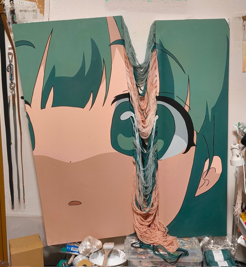 1girl, aqua_eyes, aqua_hair, close-up, highres, looking_at_viewer, momoe_(mme_daigaku), original, painting_(medium), parted_lips, portrait, solo, traditional_media, unconventional_media, yarn