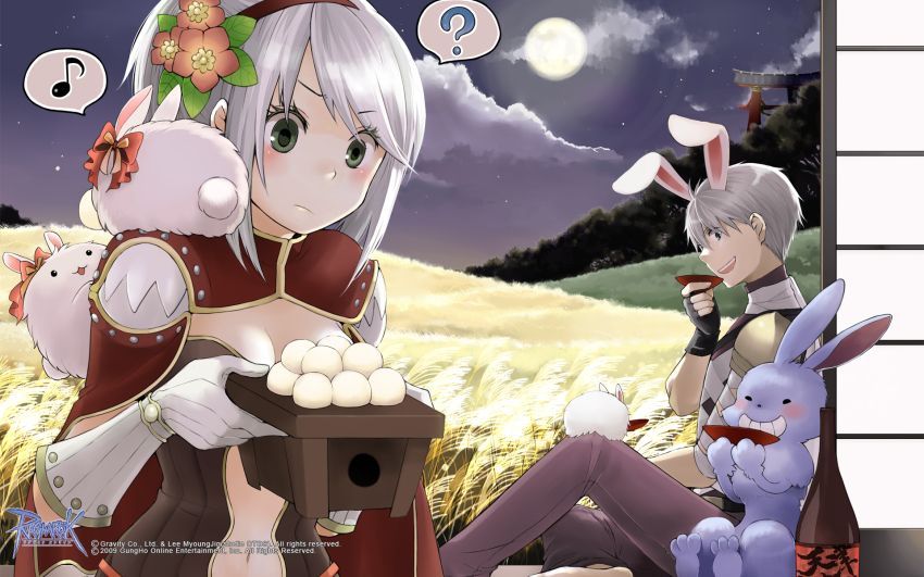 1boy, 1girl, ?, animal_ears, armor, assassin_(ragnarok_online), bandages_over_clothes, black_gloves, blush, bottle, bow, breasts, brown_dress, cape, cleavage, closed_mouth, cloud, copyright_notice, creator_(ragnarok_online), cup, dress, fake_animal_ears, feet_out_of_frame, field, fingerless_gloves, flower, food, frown, full_moon, gloves, green_eyes, grey_hair, guest_art, hairband, highres, holding, holding_cup, indoors, kagami_mochi, logo, looking_at_another, looking_to_the_side, lunatic_(ragnarok_online), medium_breasts, medium_hair, mochi, moon, musical_note, navel, negi_mugiya, night, official_art, official_wallpaper, open_mouth, pants, pauldrons, pink_flower, plunging_neckline, purple_pants, purple_shirt, rabbit, rabbit_ears, ragnarok_online, red_bow, red_cape, red_hairband, sakazuki, sake_bottle, shirt, short_hair, shoulder_armor, sky, smile, spoken_musical_note, spoken_question_mark, spring_rabbit_(ragnarok_online), star_(symbol), torii, wheat_field, white_gloves