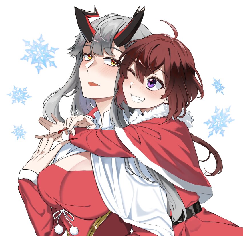 2girls, absurdres, ahoge, breasts, brown_hair, capelet, claws, cleavage