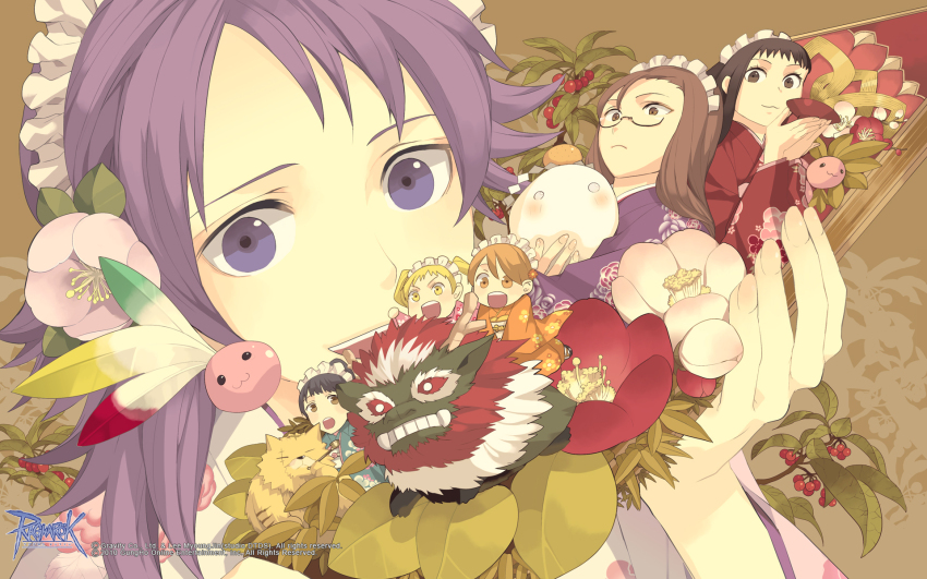 6+girls, :3, alternate_costume, berry, black-framed_eyewear, black_hair, blonde_hair, blossom_(ragnarok_online)